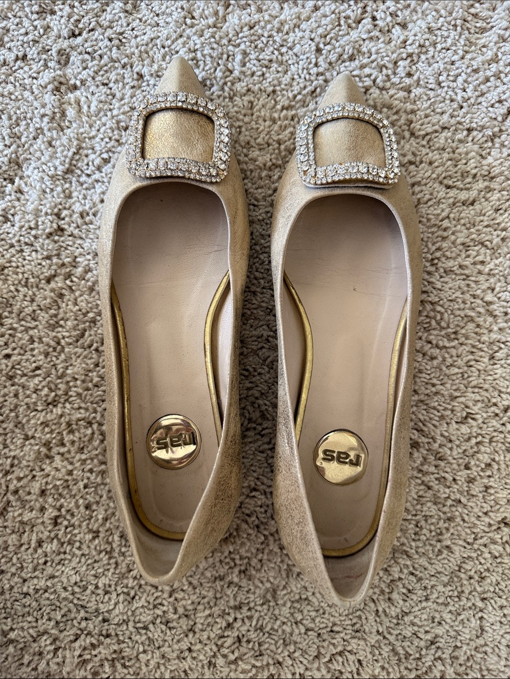 Ras Champagne Pointed Toe Flats with Crystal Buckle